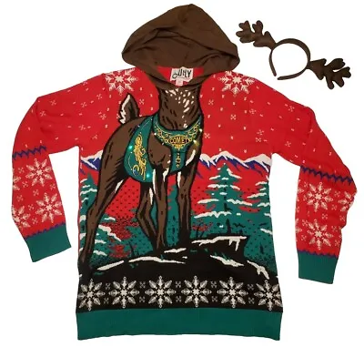 Ugly Christmas Sweater Men's Size MEDIUM Reindeer Lights Up With Hood & Antlers • $29.74