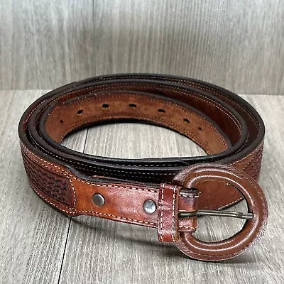 VOGT Mens Belt Size 44 Western Hand Tooled Basketweave Grain Leather Brown • $29.99