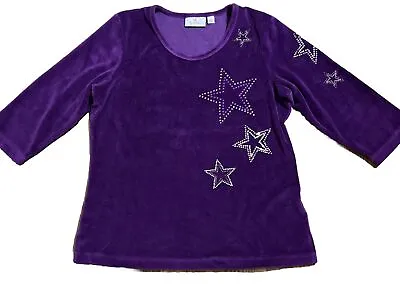 Women's Quacker Factory 3/4 Sleeve Purple Star Studded Fleece Pullover Top Sz Sm • $9.99