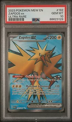 Zapdos Ex Ultra Rare Full Art PSA 10 Pokemon 151 192/165 • $49.99