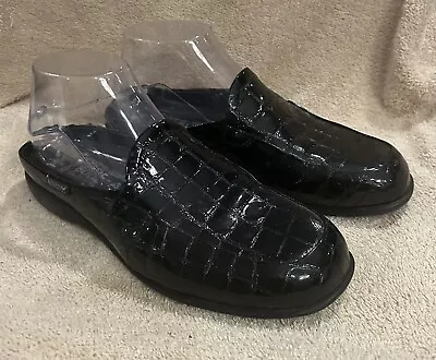 Mephisto Mules Women 7.5 Black Patent Leather Crocometal Croc Print Shoes New! • $38
