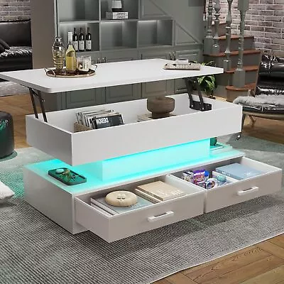 40  Lift Top Coffee Table With 2 Storage Fabric Drawer LED Light For Living Room • $139