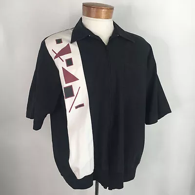 VTG John Blair Shirt XL Black Geometric Bowling Barber S/S Full Zip Banded • $12.59