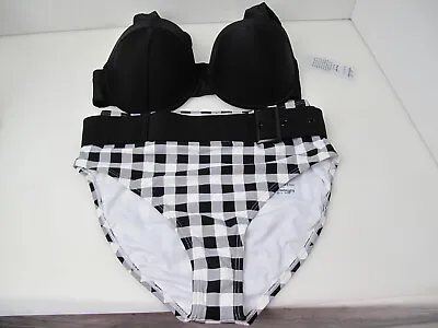 GABI FRESH 2 PIECE Swimsuit Black White Plaid 14 Bottom Belt Bra Top 14D/DD • $25.99