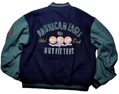 VTG AMERICAN EAGLE Men Large Blue Green Embellished Wool Blend Varsity Jacket • $31.99