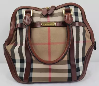 Burberry Orchad Bridle Check Bowling Bag Satchel Canvas & Brown Leather • $649.99