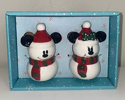 Disney Mickey Minnie Mouse Snowman Salt And Pepper Shakers Ceramic Christmas • $17.50