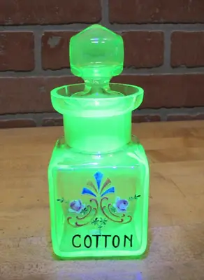 Antique Uranium Glass Cotton Bottle Jar Apothecary Barber Shop Drug Store Glows • $895