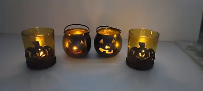 Metal Jack O Lantern Pumpkin Candle Holders Hosley USA/2 Glass A C Moore Votives • $22.99