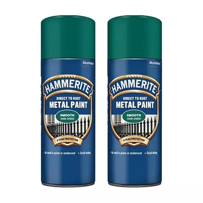 2x Hammerite Direct To Rust Smooth Dark Green Aerosol Fast Dry Spray Paint 400ml • £23.99