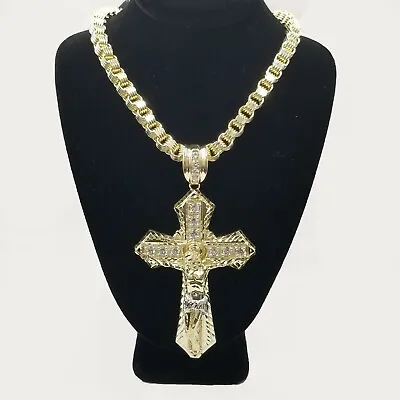 10k Gold Mens Byzantine Box Necklace 26  Cross Charm Pendant Jesus  • $2106.35