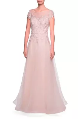 La Femme Blush Pink Floral Lace Applique Sparkle Tulle A-Line Gown Sz 18 $575 • $178.98