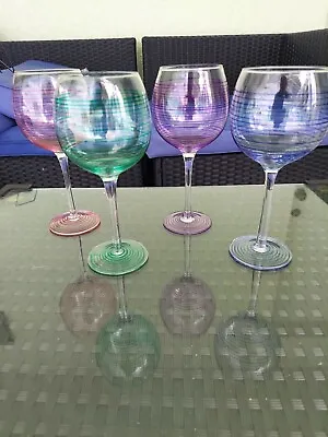 4 Balloon Wine Glasses Multi Colored Striped Etched Iridescent Hand Blown  8.5” • $27.99