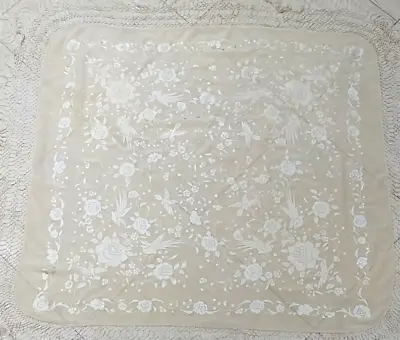 Shawl Piano Manton De Manila Birds Floral Cream Solid Color Silk Embroidered 43  • $213