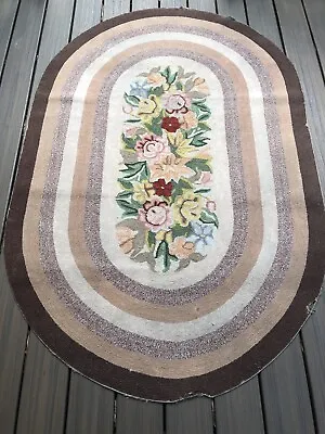 ANTIQUE 1920'S LARGE AMERICAN HAND HOOKED FLORAL OVAL RUG 70  X 46  • $120