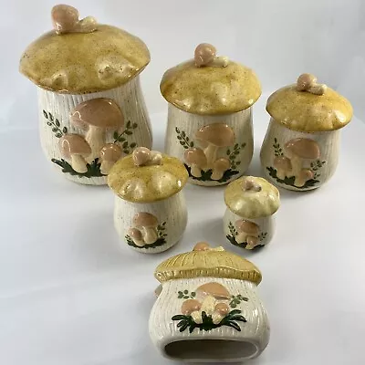 Vintage 1970s Ceramic Mushroom Cookie Jar Canister Set Of 5 Napkin Holder RETRO • $88