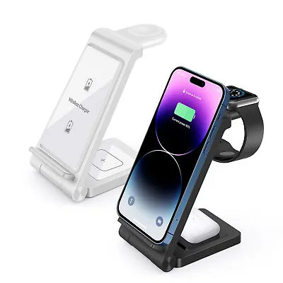 Wireless Charger 3in1 Foldable Dock Stand For IWatch 8/SE/7/6 IPhone 14 12 13 15 • £11.99