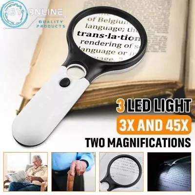 Magnifying Glass 45X Handheld Magnifier Reading Jewelry Loupe With 3 LED Light • £4.85