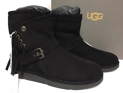 UGG LUXE COLLECTION KARISA Black Nero SUEDE SHEARLING FRINGE BOOTS Italy 1009251 • $80.99