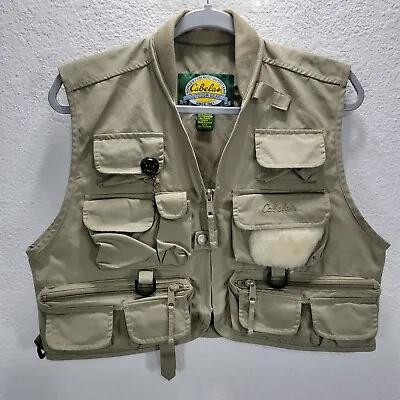 Cabelas Fishing Vest Mens Beige Utility Pockets Outdoor Cropped Sz L/XL • $20.99