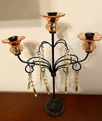 Pair Of Vintage Gothic Table Candelabra Amber Glass Metal Chandelier Ornate 17”H • $99.99
