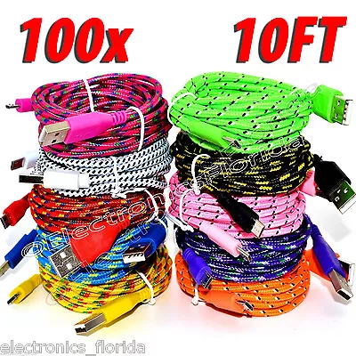 LOT 100x 10FT Micro USB Charger Sync Cable Nylon Braided For Android Cell Phones • $225.39