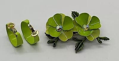 Vintage Lime Green Enamel Floral Pin With Rhinestones & Clip-on Earring Set • $12