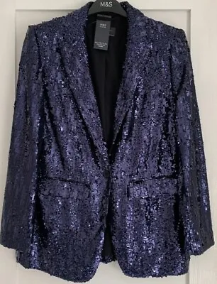 Marks And Spencer Tailored Sequin Single Breasted Blazer Blue Size 10 M&s Bnwt • £44.99