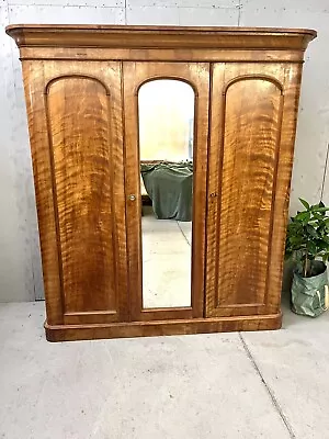 Satin Birch Linen Press Triple Wardrobe Victorian/Edwardian *can Deliver • £475