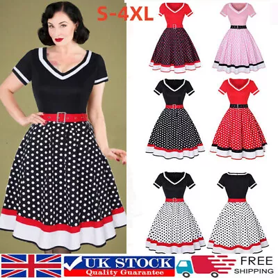 £21.99 • Buy Women 50s 60s Retro Polka Dot Swing Midi Dress Short Sleeve Eveining Party Dress