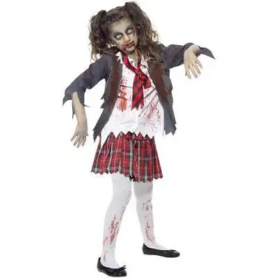 Girls Zombie School Girl Costume Horror Halloween Fancy Dress Child Outfit • £13.99