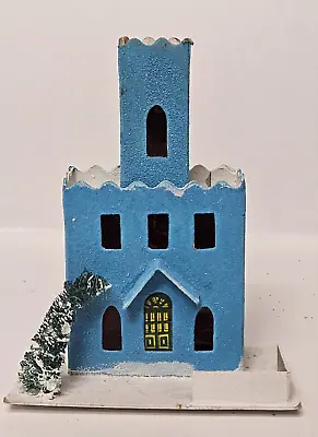 Vintage Putz Christmas Village Paper Cardboard Blue School House Mica Greenery • $21.99