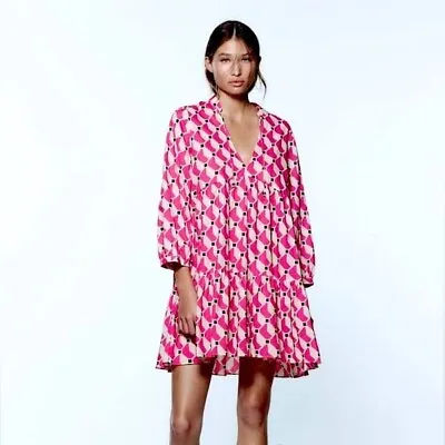 Zara NWT Womens Pink Mini Cadie Cotton Ruffle Hem Dress XXL Lightweight Beach • $49.99