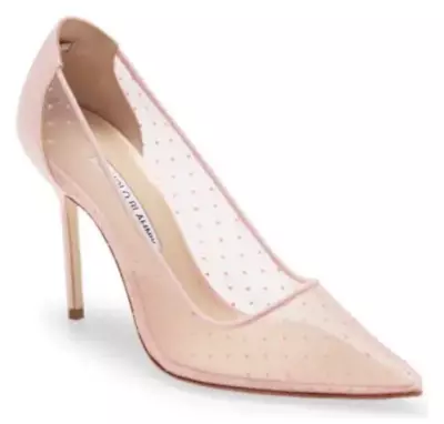 Manolo Blahnik BB 105 Pointy Toe Pump Size 9 39 EU Pink Mesh Satin Polka Dots • $329.99