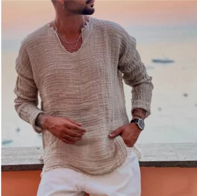 $26.59 • Buy Mens Loose Linen Top Casual T-Shirt V-Neck Long Sleeve Vintage Distressed Shirt