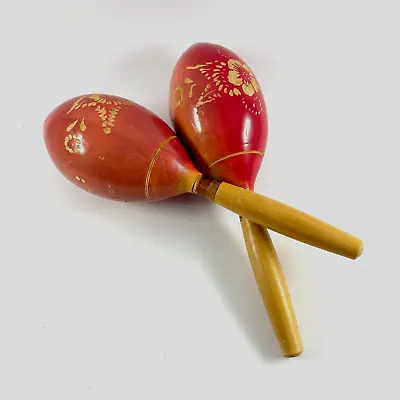 Vintage Wooden Painted Fuschia Maracas Hand Carved Flowers Shaker Mexico 11 Inch • $25.23