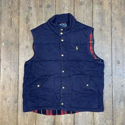 Ralph Lauren Polo Gilet Y2K Checkered Lined Sports Puffer Vest Navy Mens Large • £42