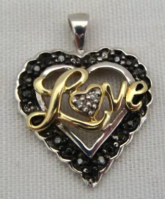 Zales Gold-Tone & Sterling Silver W/ Black & Clear Diamond Heart Love Pendant • $49.99