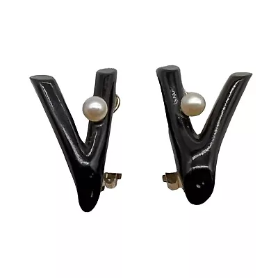 Vintage Earrings Black Coral Cultured Pearl Wishbone Gold Filled Clip-on Rare A9 • $85