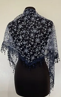 Pretty Blue Gauze Triangular Scarf White Flowers Silver Glitter & Lace Edge NEW • £10