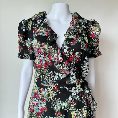 MISS Sixty Vintage Wrap Boho Floral Mini Dress Medium Flirty Ruffled Puff Sleeve • $57