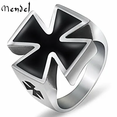 MENDEL Mens 316L Stainless Steel MC Black Iron Cross Biker Ring Silver Size 7-15 • $10.99