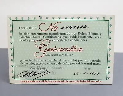 Original Vintage Rolex Guarantee. Ca 1966 (in Spanish Language) • $150