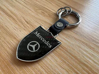 1PC Shield Carbon Fiber With Leather Keychain Key Fob Ring For Mercedes Benz • $19.99