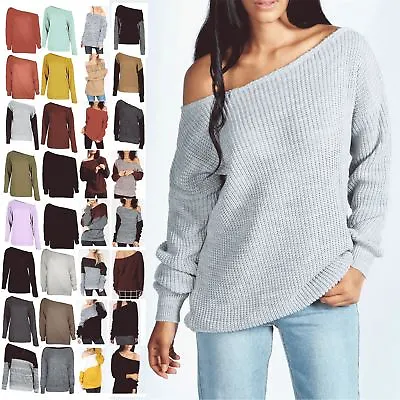 $10.80 • Buy Womens Off The Shoulder Chunky Knit Jumper Ladies Oversized Baggy Sweater Top