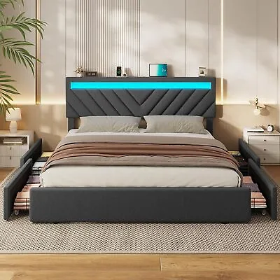 King Size LED Bed Frame With 4 Drawers Platform Upholstered Bed With Storage • $229.99