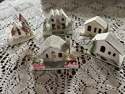 $49.99 • Buy Vintage PUTZ CHURCH & VILLAGE HOUSES GLITTER MICA BOTTLE BRUSH LOOFA TREES JAPAN