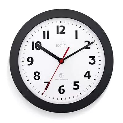 Parona Black Radio Controlled Wall Clock Round Home Office Modern Plastic Case • £19.04