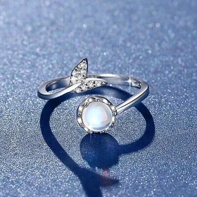 925 Sterling Silver Mermaid Tail Moonstone Open Adjustable Ring Women Girl Gift • £3.39