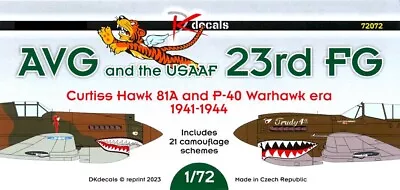 DK Decals 1/72 AVG & USAAF 23rd FG Curtiss Hawk 81A & P-40 Warhawk 1941-1944 • $21.99